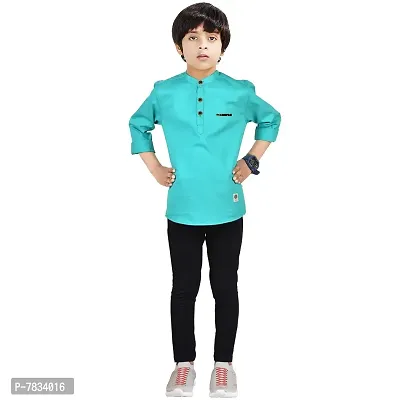 Made In The Shade Boy's 100% Cotton Casual Kurta With Printed Pocket And Trouser Set, Green