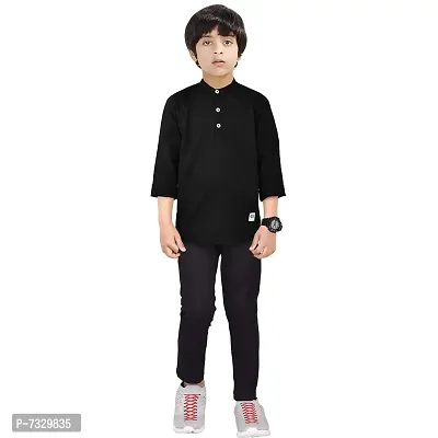 Made In The Shade Boy's Cotton Short Plain Black Kurta and Solid Black Trouser Set, 100% Cotton, 12-13 Years