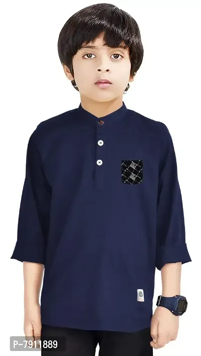 Made In The Shade Pure Cotton Boy's Kurta with Printed Pocket, Mandarin Collar Navy