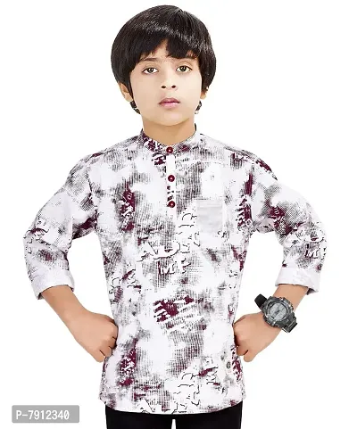 Made In The Shade 100% Cotton Full Sleeve Mandarian Collar Kurta for Boys, Printed White and Maroon