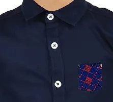 Made In The Shade Pure Cotton Boys Button Down Collar Shirt With Printed Pocket And Trouser Set, Navy-thumb2