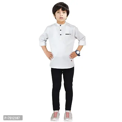 Made In The Shade Boys Pure Cotton Full Sleeve Casual Kurta With Printed Pocket And Trouser Set, Mandarin Collar-thumb0