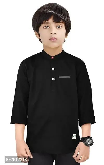 Made In The Shade 100% Cotton Boy's Solid Kurta with Printed Pocket, Full Sleeve Green