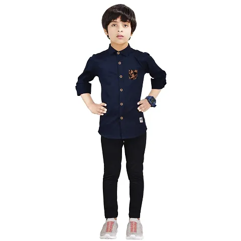 100% Cotton Boys Shirt With Printed Pocket And Trouser Set