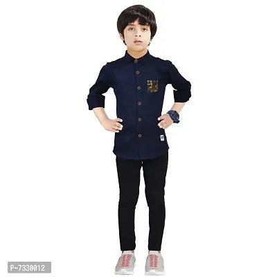 Made In The Shade 100% Cotton Boys Button Down Collar Casual Full Sleeve Shirt With Printed Pocket And Trouser Set, Navy