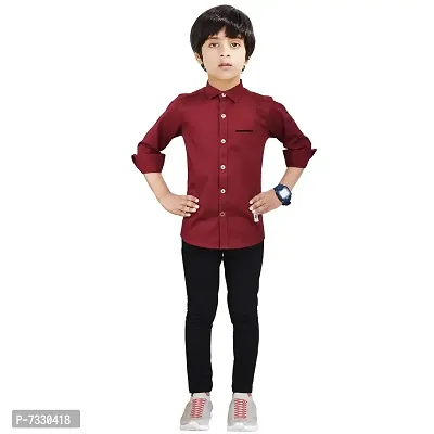 Made In The Shade 100% Cotton Boy's Full Sleeve Button Down Collar Casual Shirt With Printed Pocket And Cotton Trouser Set, Maroon-thumb0