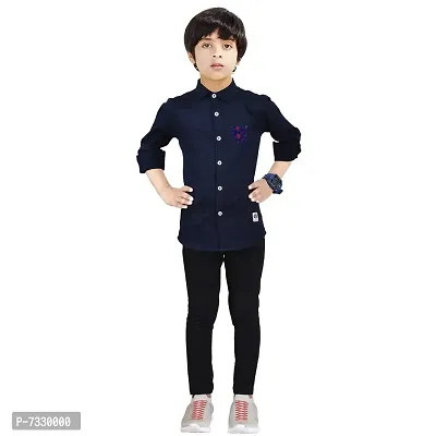 Made In The Shade Pure Cotton Boys Button Down Collar Shirt With Printed Pocket And Trouser Set, Navy-thumb0