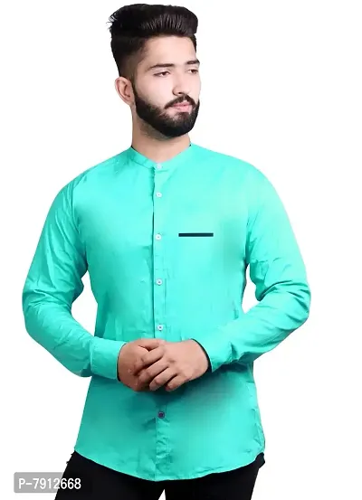 Made In The Shade Men's 100% Cotton Casual Shirt with Printed Pocket, Mandarin Collar Green