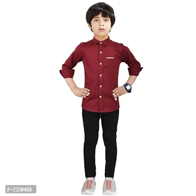 Made In The Shade Pure Cotton Boy's Full Sleeve Button Down Collar Casual Shirt With Printed Pocket And Cotton Trouser Set, Maroon/