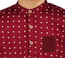 Made In The Shade 100% Cotton Full Sleeve Mandarian Collar Kurta for Boys, Printed Maroon-thumb3