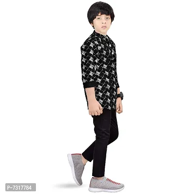 Made In The Shade Boy's Cotton Short Black Diamond Print Kurta and Solid Black Trouser Set, 100% Cotton-thumb3