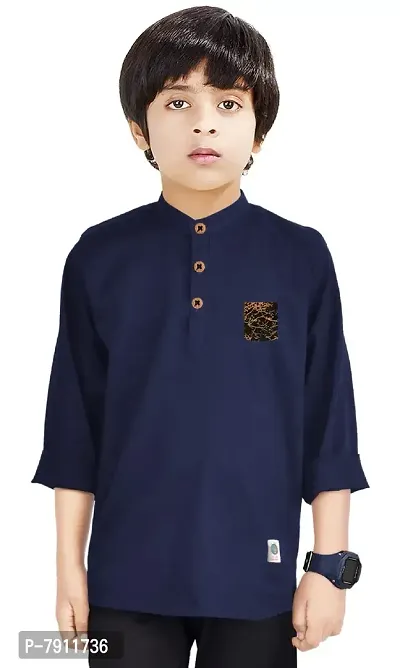 Made In The Shade 100% Cotton Boy's Kurta with Printed Pocket, Casual Navy
