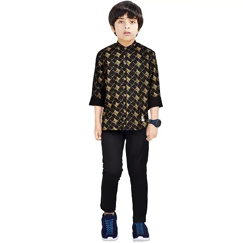 Made In The Shade Boy's Short Black-Golden Kurta and Solid Black-Golden Trouser Set, 100%