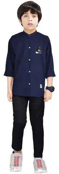 Made In The Shade Pure Cotton Mandarin Collar Boys Shirt With Printed Pocket And Trouser Set