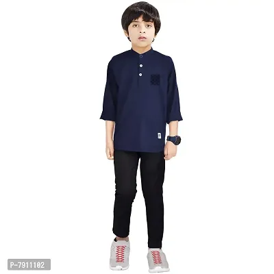 Made In The Shade 100% Cotton Boy's Kurta With Printed Pocket And Trouser Set, Navy