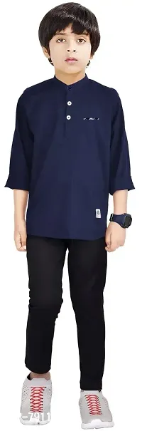 Made In The Shade Boy's Pure Cotton Full Sleeve Mandarin Collar Casual Kurta With Printed Pocket And Cotton Trouser Set, Navy