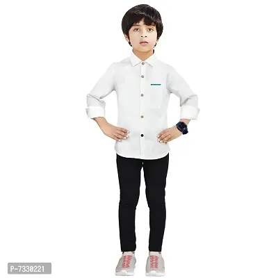 Made In The Shade Boy's Pure Cotton Casual Shirt With Printed Pocket And Trouser Set, White