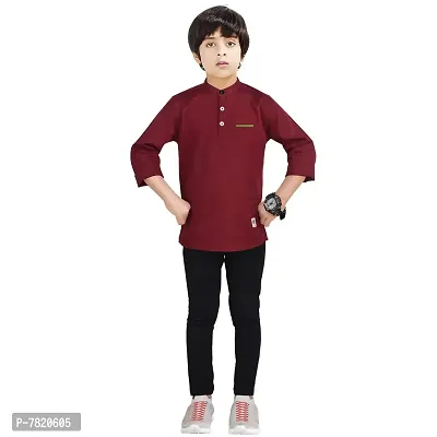 Made In The Shade 100% Cotton Boys Solid Full Sleeve Casual Kurta With Printed Pocket And Cotton Trouser