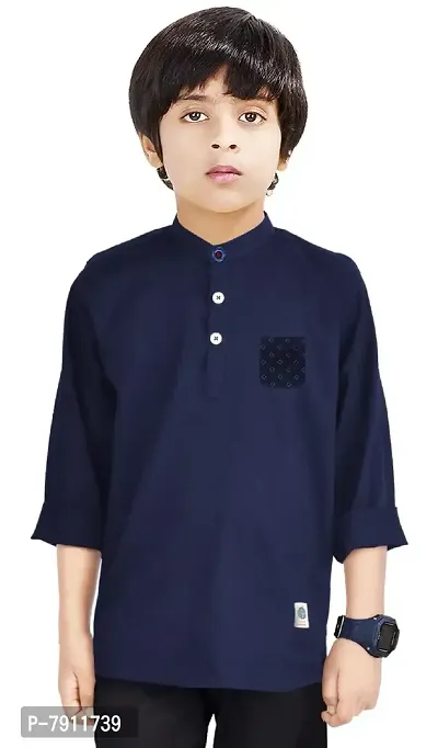 Made In The Shade 100% Cotton Boy's Kurta with Printed Pocket, Navy