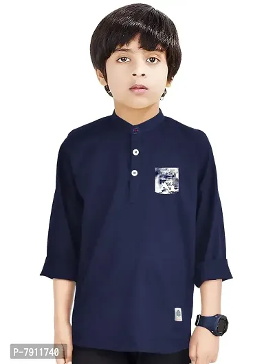 Made In The Shade 100% Cotton Full Sleeve Mandarin Collar Boy's Kurta with Printed Pocket Navy