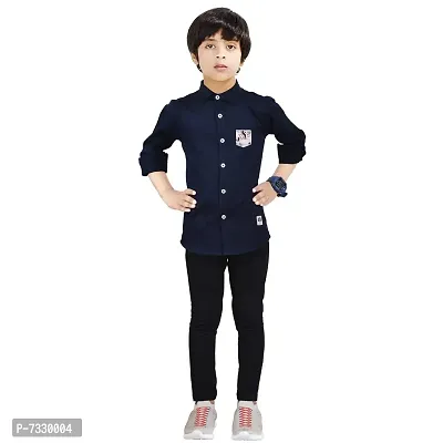 Made In The Shade Pure Cotton Boys Button Down Collar Casual Shirt With Printed Pocket And Trouser Set, Navy-thumb0