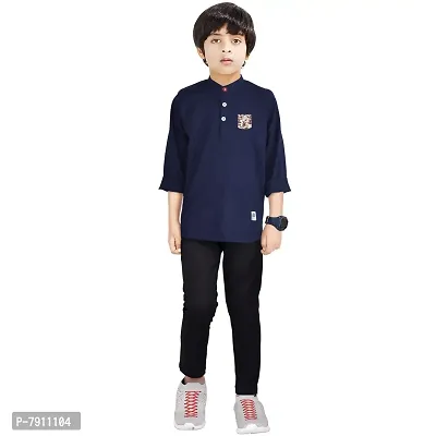 Made In The Shade 100% Cotton Mandarin Collar Boy's Kurta With Printed Pocket And Trouser Set, Navy-thumb0