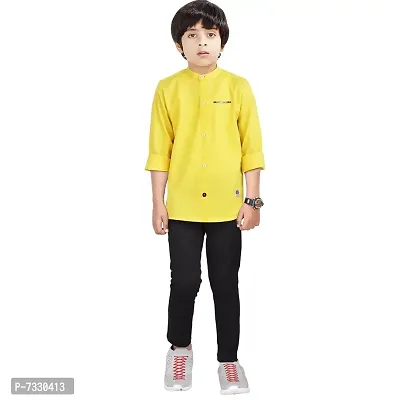 Made In The Shade 100% Cotton Boy's Full Sleeve Mandarin Collar Casual Solid Shirt With Maroon Print Pocket And Cotton Trouser Set