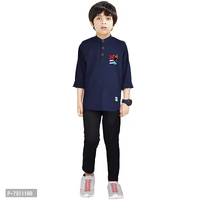 Made In The Shade 100% Cotton Mandarin Collar Casual Full Sleeve Boys Kurta With Printed Pocket And Trouser Set, Navy