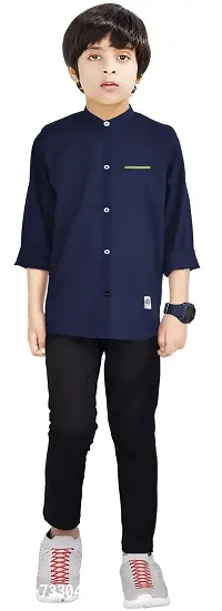 Made In The Shade Pure Cotton Boy's Full Sleeve Casual Shirt With Printed Pocket, Solid And Cotton Trouser Set, Navy