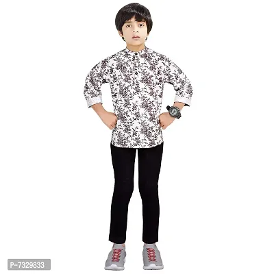 Made In The Shade Boy's Cotton Short Printed Maroon Kurta and Solid Black Trouser Set, 100% Cotton, 14-15 Years