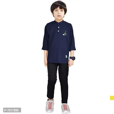Made In The Shade Pure Cotton Full Sleeve Boy's Kurta With Printed Pocket And Trouser Set, Navy