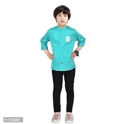 Made In The Shade Pure Cotton Casual Boys Shirt With Printed Pocket And Trouser Set, Mandarin Collar