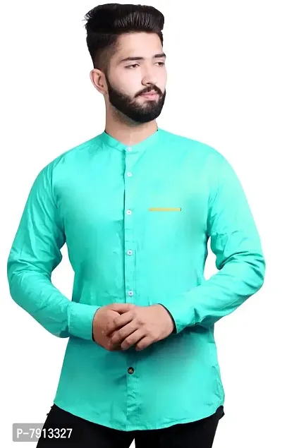 Made In The Shade Men's Pure Cotton Shirt with Printed Pocket, Mandarin Collar Green