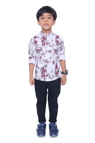 Pure Cotton Boys Mandarin Collar Casual Shirt With Printed Pocket And Cotton Trouser Set
