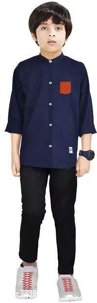 Made In The Shade Pure Cotton Boys Shirt With Printed Pocket And Trouser Set, Navy