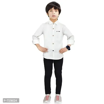 Made In The Shade Boy's Pure Cotton Solid Shirt With Printed Pocket And Trouser Set