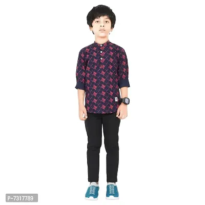 Made In The Shade Boy's Cotton Short Printed Purple Blocks Kurta and Solid Black Trouser Set, 100% Cotton-thumb0