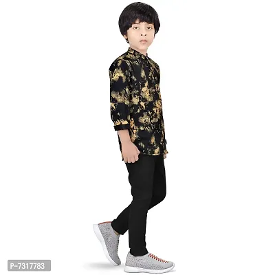 Made In The Shade Boy's Cotton Short Printed Black Kurta and Solid Black Trouser Set, 100% Cotton-thumb3