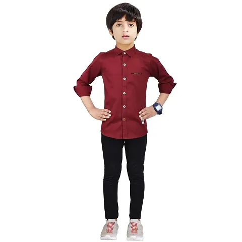 Pure Cotton Boys Full Sleeve Button Down Collar Casual Shirt With Printed Pocket And Cotton Trouser Set