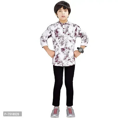 Made In The Shade Boy's Cotton Short Graphic Print Maroon White Kurta and Solid Black Trouser Set, 100% Cotton, 12-13 Years-thumb0