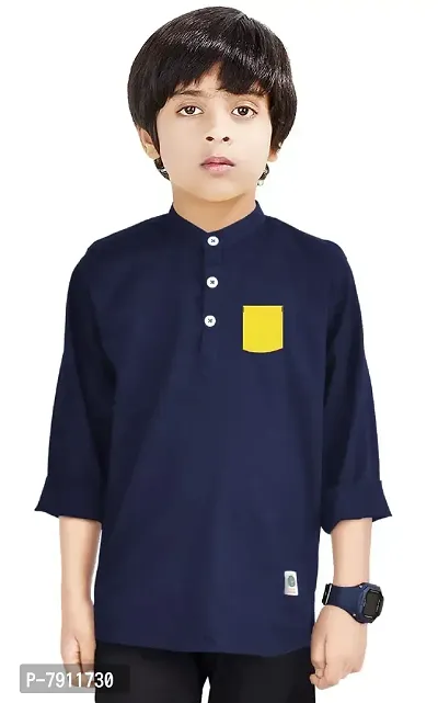 Made In The Shade Pure Cotton Mandarin Collar Boy's Kurta with Printed Pocket Navy