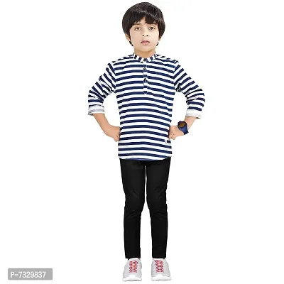 Made In The Shade Boy's Cotton Short Striped Navy White Kurta and Solid Black Trouser Set, 100% Cotton, 4-5 Years