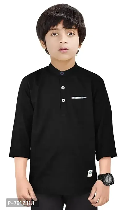 Made In The Shade 100% Cotton Boy's Solid Mandarin Collar Kurta with Printed Pocket, Full Sleeve Navy