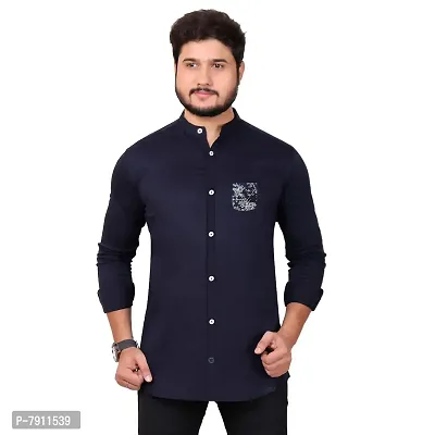 Made In The Shade Pure Cotton Men's Full Sleeve Shirt with Printed Pocket, Mandarin Collar, Navy