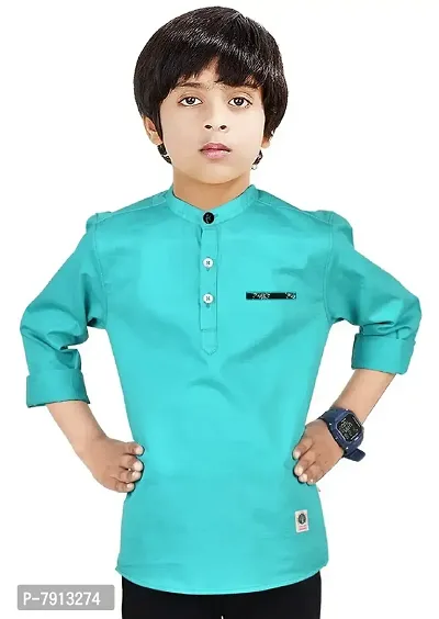 Made In The Shade Pure Cotton Boy's Kurta with Printed Pocket, Full Sleeve Green