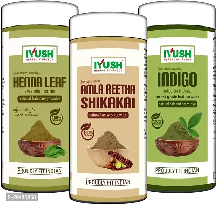 IYUSH Herbal Ayurveda Amla Shikakai Reetha Powder for Hair with Indigo Powder and Henna Powder for Hair Colour ? 300gm | Herbal Hair Wash Powder | Hair Volume Powder | Natural Hair Colour | 100gm each