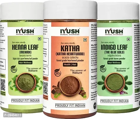 IYUSH Herbal Ayurveda Indigo Powder with Katha Powder for Hair and Henna Powder for Hair Colour ? 300gm | Natural Hair Colour | Hair Mask for Dry and Frizzy Hair | Hair Volume Powder |100G each