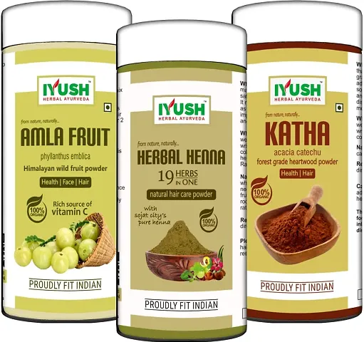 IYUSH Herbal Ayurveda Amla Powder with Katha Powder and Herbal Henna Powder for Hair Colour ? 750gm | Natural Hair Colour | Hair Mask for Dry and Frizzy Hair | Hair Volume Powder | 250gm each