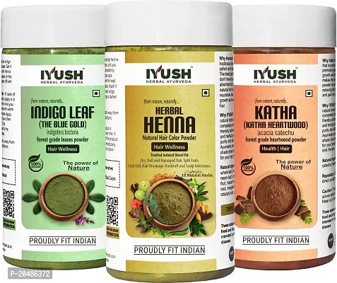 IYUSH Herbal Ayurveda Indigo Powder with Katha for Hair and Henna Colour ? 300gm | Natural Mask Dry Frizzy Volume |100G each