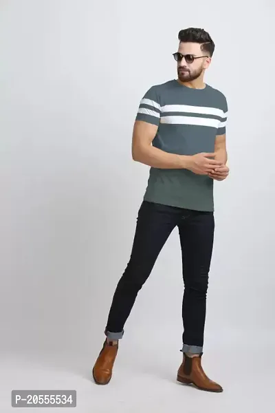 Reliable Grey Cotton Blend Striped Round Neck Tees For Men-thumb3